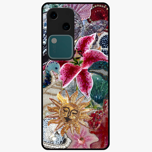 Beaded Garden Fantasy Glass Case showing flat back view with dreamy garden bead artwork and glossy glass finish.