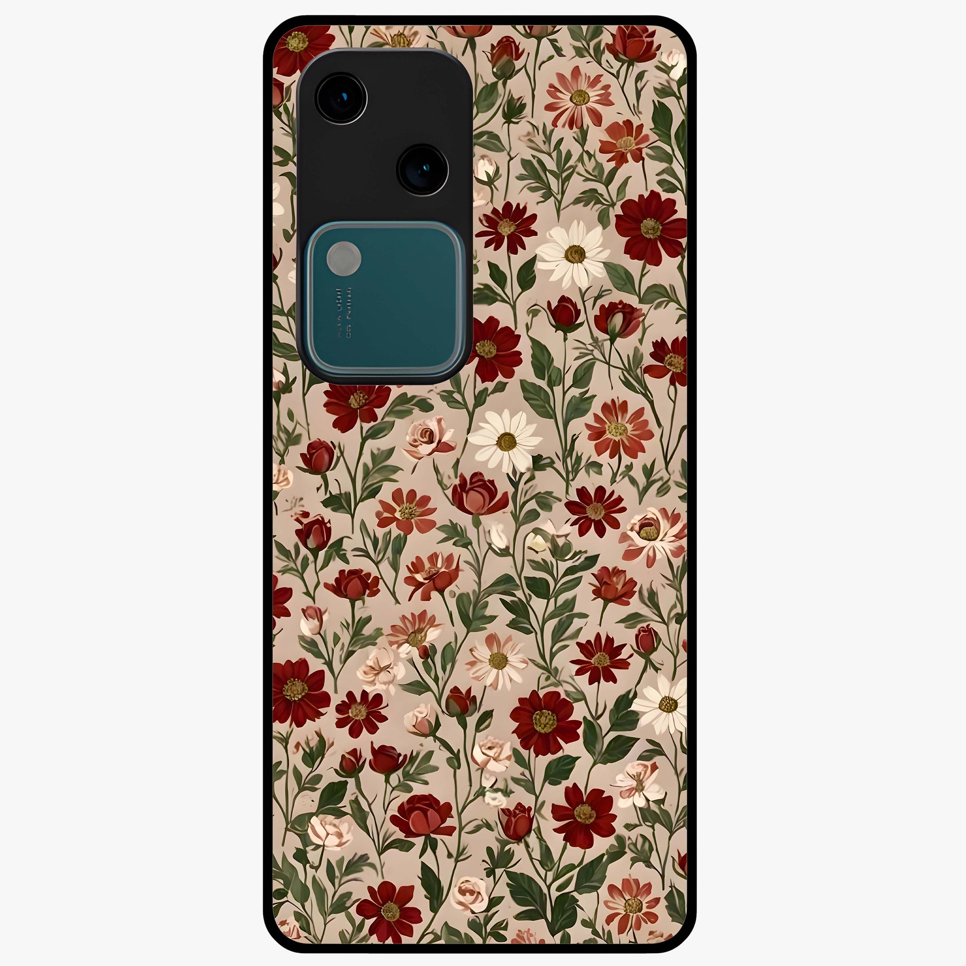 Biege Flower With Leaf Glass Case showing flat back view with soft beige floral artwork and glossy glass finish.