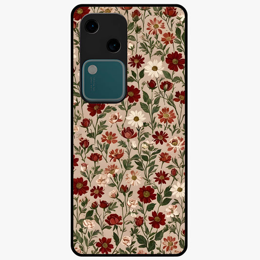 Biege Flower With Leaf Glass Case showing flat back view with soft beige floral artwork and glossy glass finish.