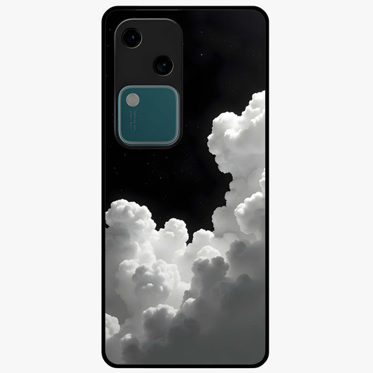 Black Background With White Cloud Glass Case showing flat back view with minimal cloud artwork on dark background and glossy glass finish.