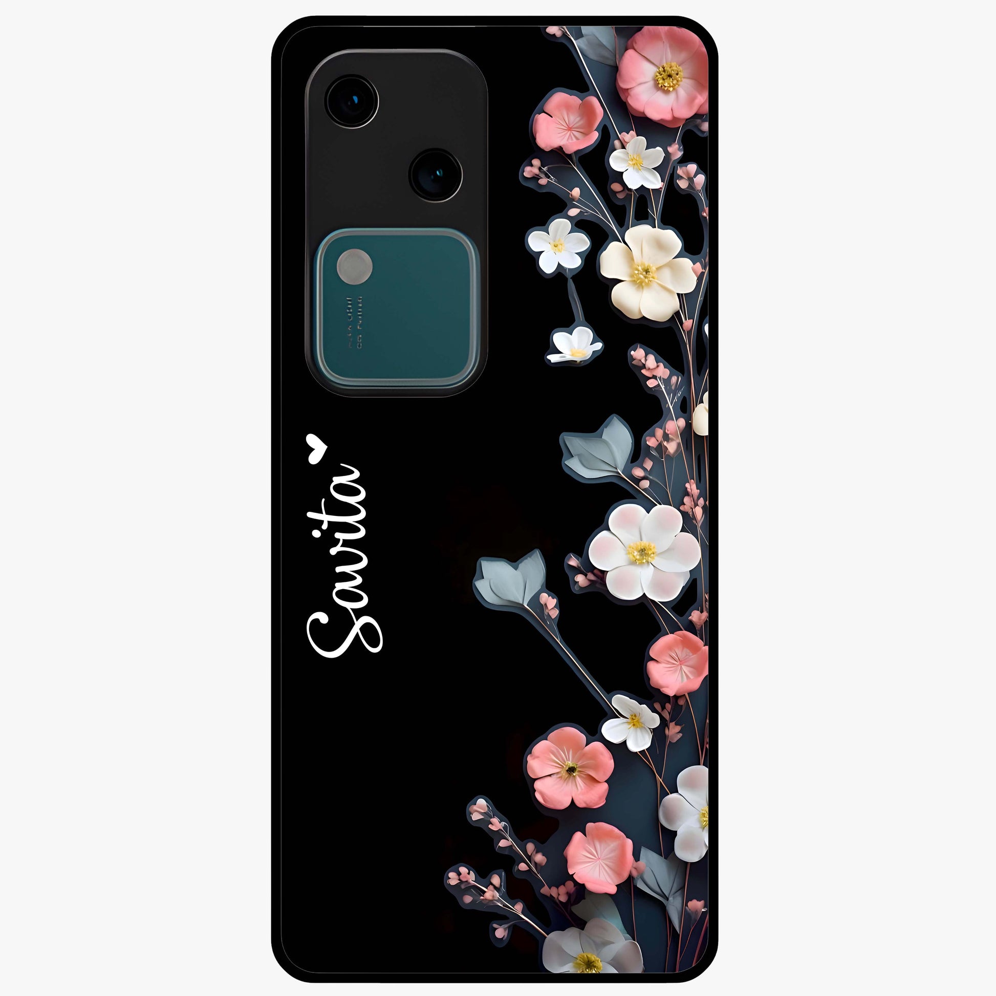 Black Elegance Floral Custom Name Glass Case showing flat back view with elegant floral artwork and personalized name design.