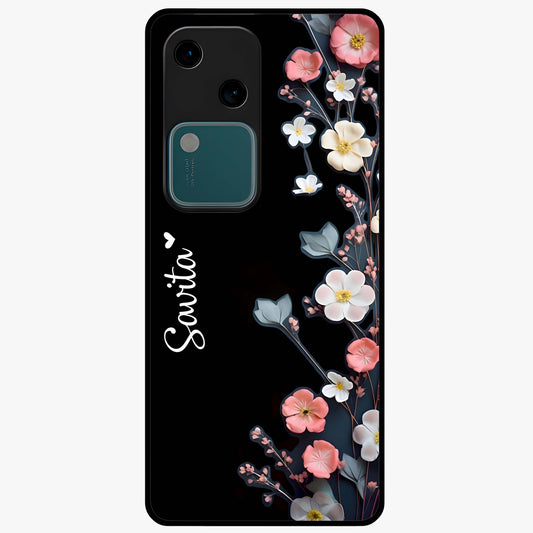 Black Elegance Floral Custom Name Glass Case showing flat back view with elegant floral artwork and personalized name design.