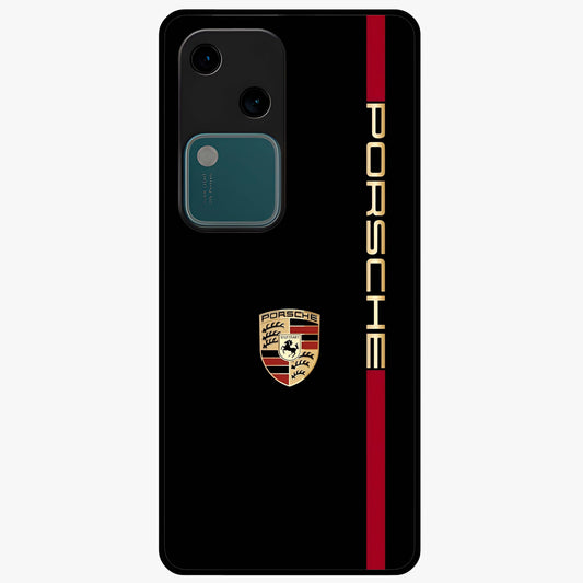 Black Minimal Porsche Glass Case showing flat back view with sleek minimal sports car artwork and glossy glass finish.