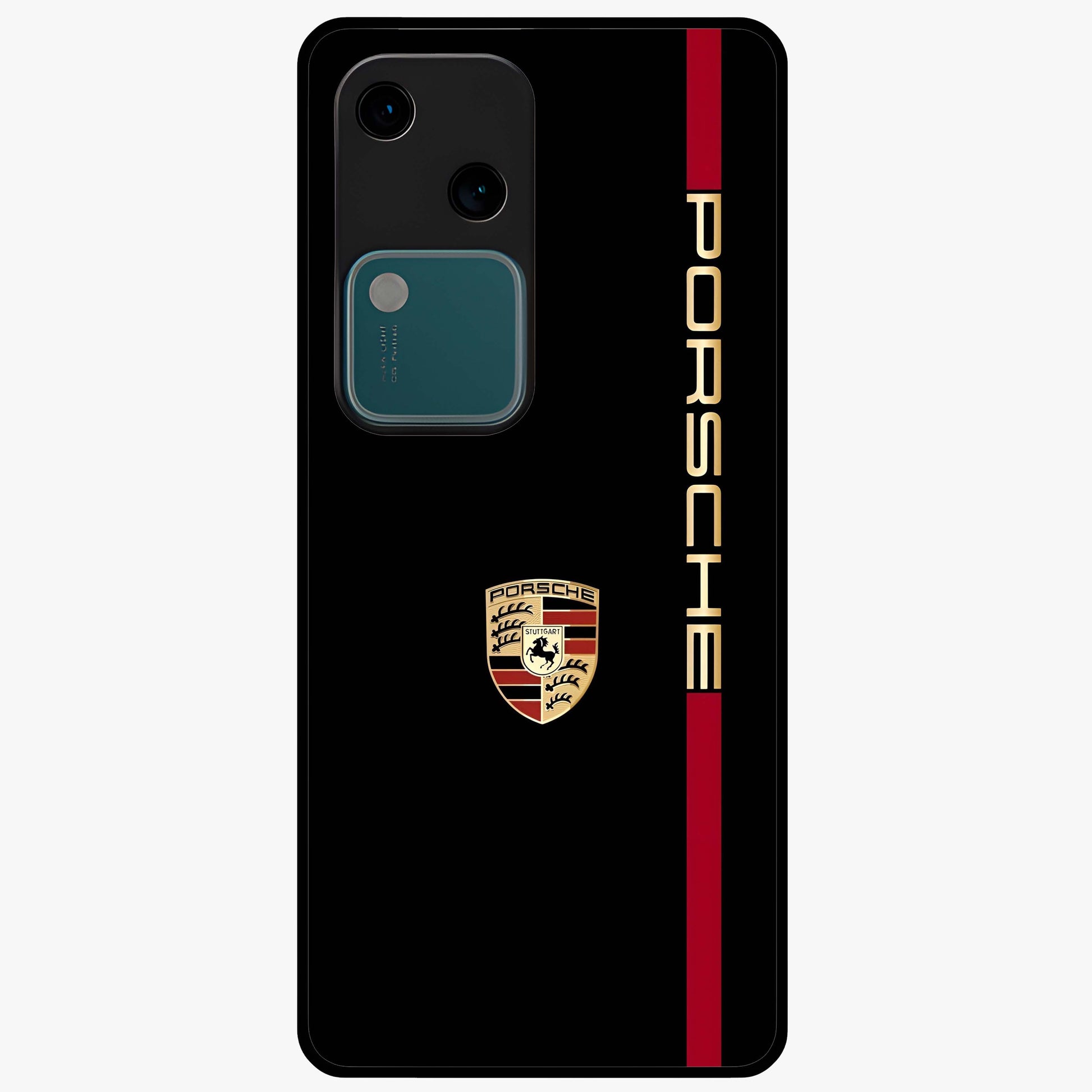 Black Minimal Porsche Glass Case showing flat back view with sleek minimal sports car artwork and glossy glass finish.