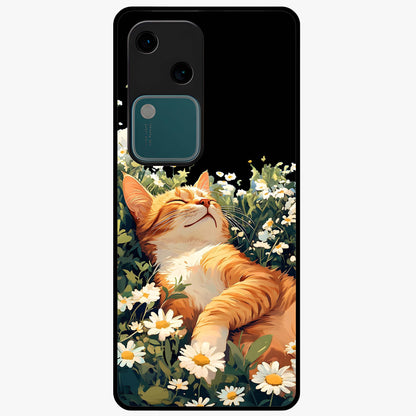 Blissful Bloom Cat Glass Case showing flat back view with cute cat and floral bloom artwork and glossy glass finish.
