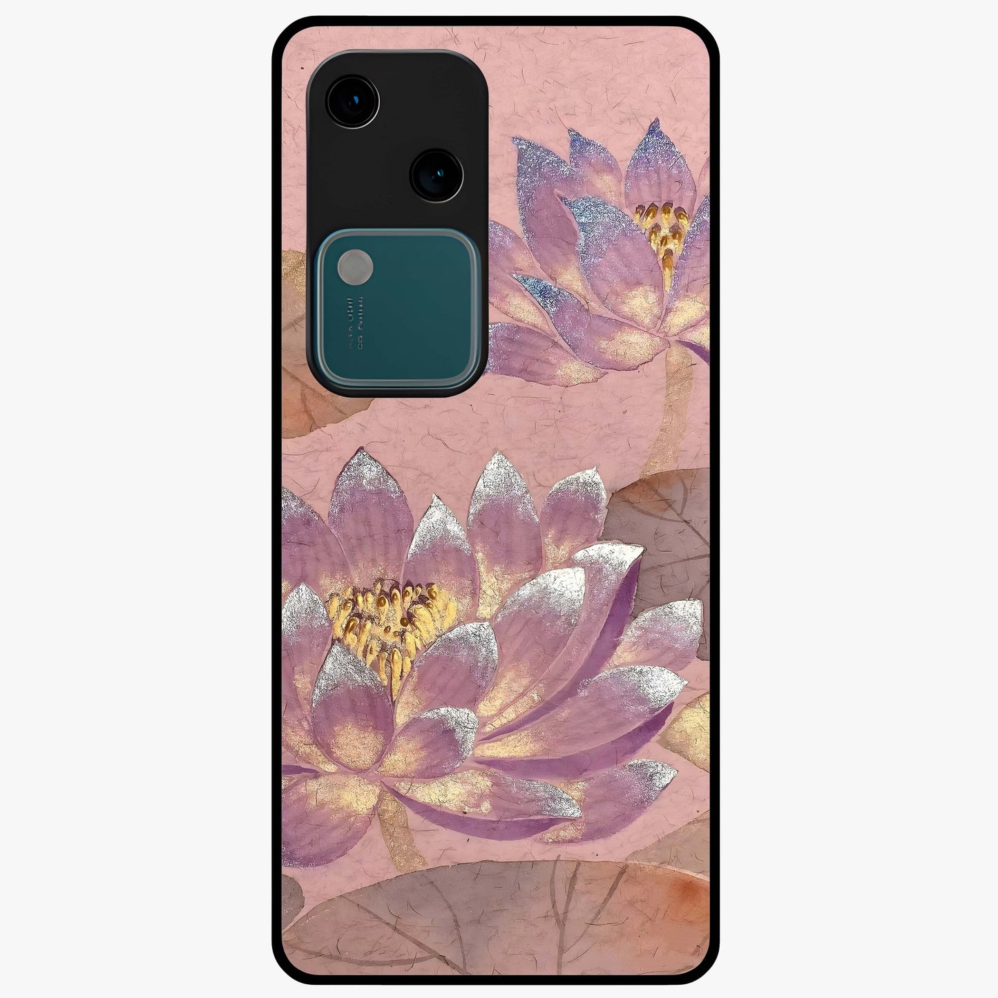 Blossom Mist Lotus Glass Case showing flat back view with serene lotus blossom artwork and glossy glass finish.