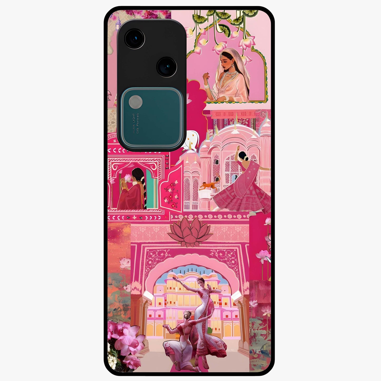 Blossoms of Rajasthan Glass Case showing flat back view with traditional floral artwork inspired by Rajasthan and glossy glass finish.