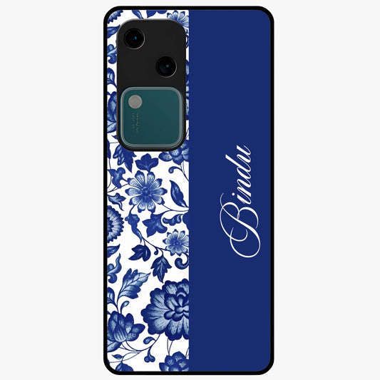 Blue Vintage Floral Pattern Glass Case upright view showcasing timeless floral illustration with vintage inspired style.