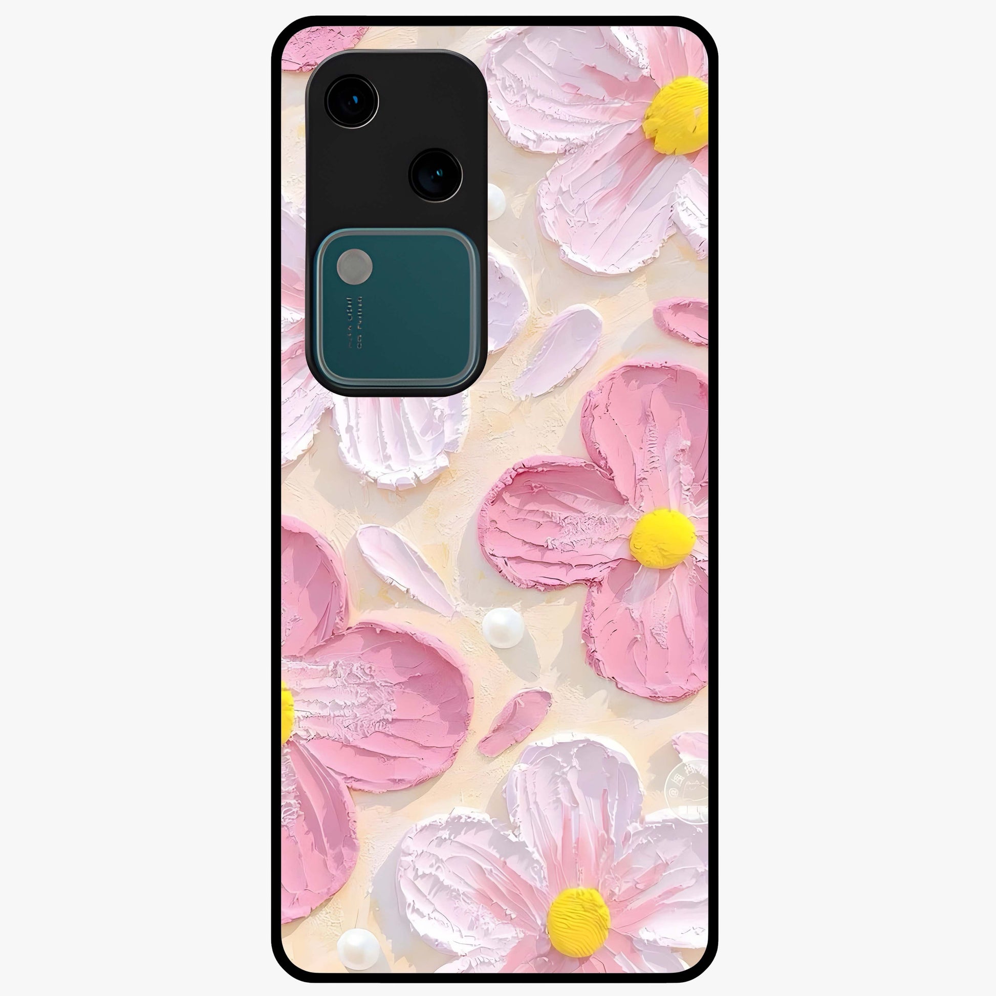 Blush Bloom Texture Glass Case showing flat back view with soft blush floral texture artwork and glossy glass finish.