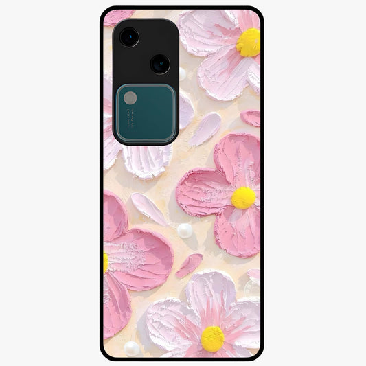 Blush Bloom Texture Glass Case showing flat back view with soft blush floral texture artwork and glossy glass finish.