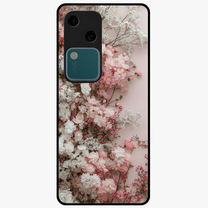 Blush Blossom Cloud Glass Case showing flat back view with dreamy blush cloud blossom artwork and glossy glass finish.