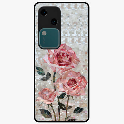 Blush Mosaic Bloom Glass Case showing flat back view with mosaic floral bloom artwork and glossy glass finish.