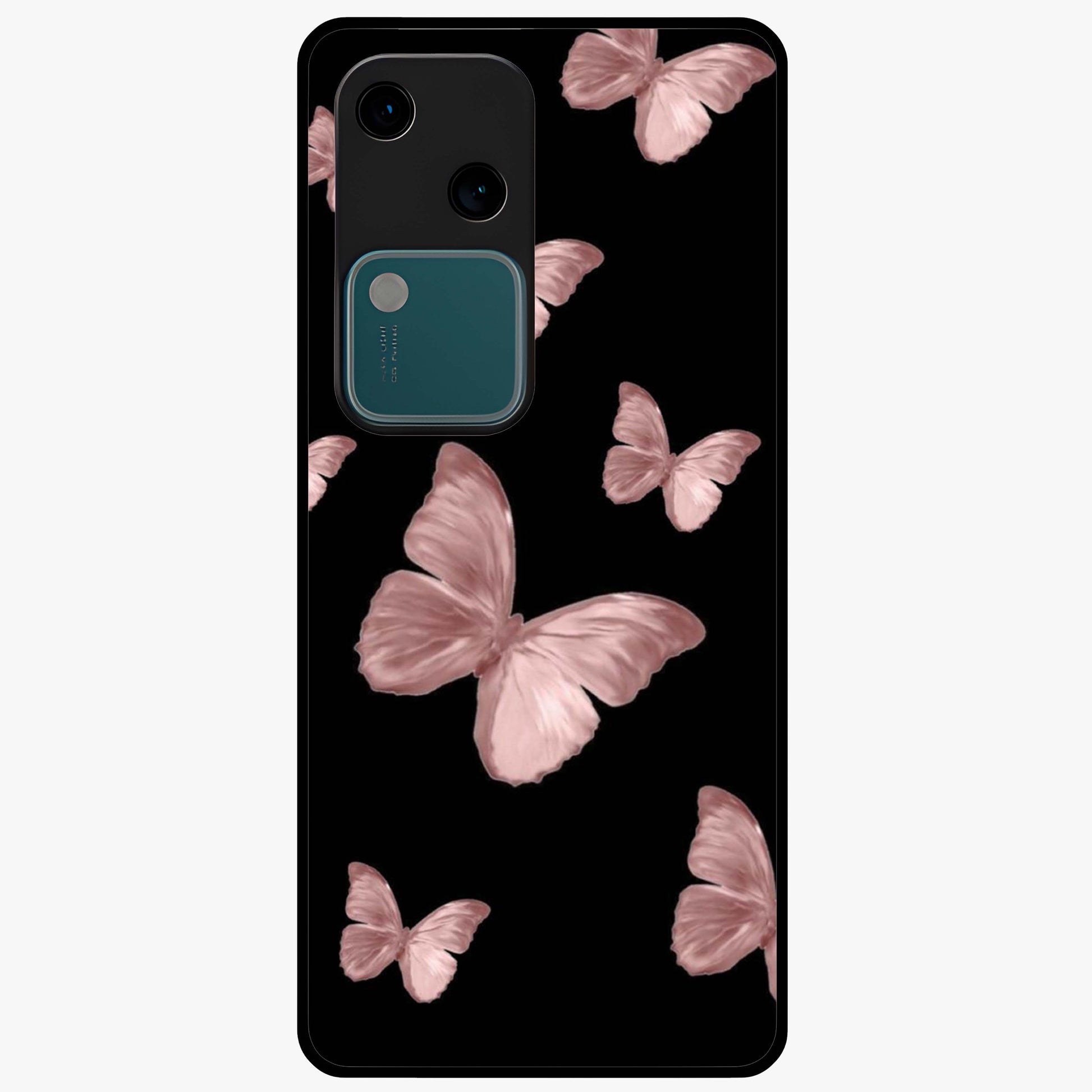 Butterfly Pattern Glass Case showing flat back view with elegant butterfly pattern artwork and glossy glass finish.