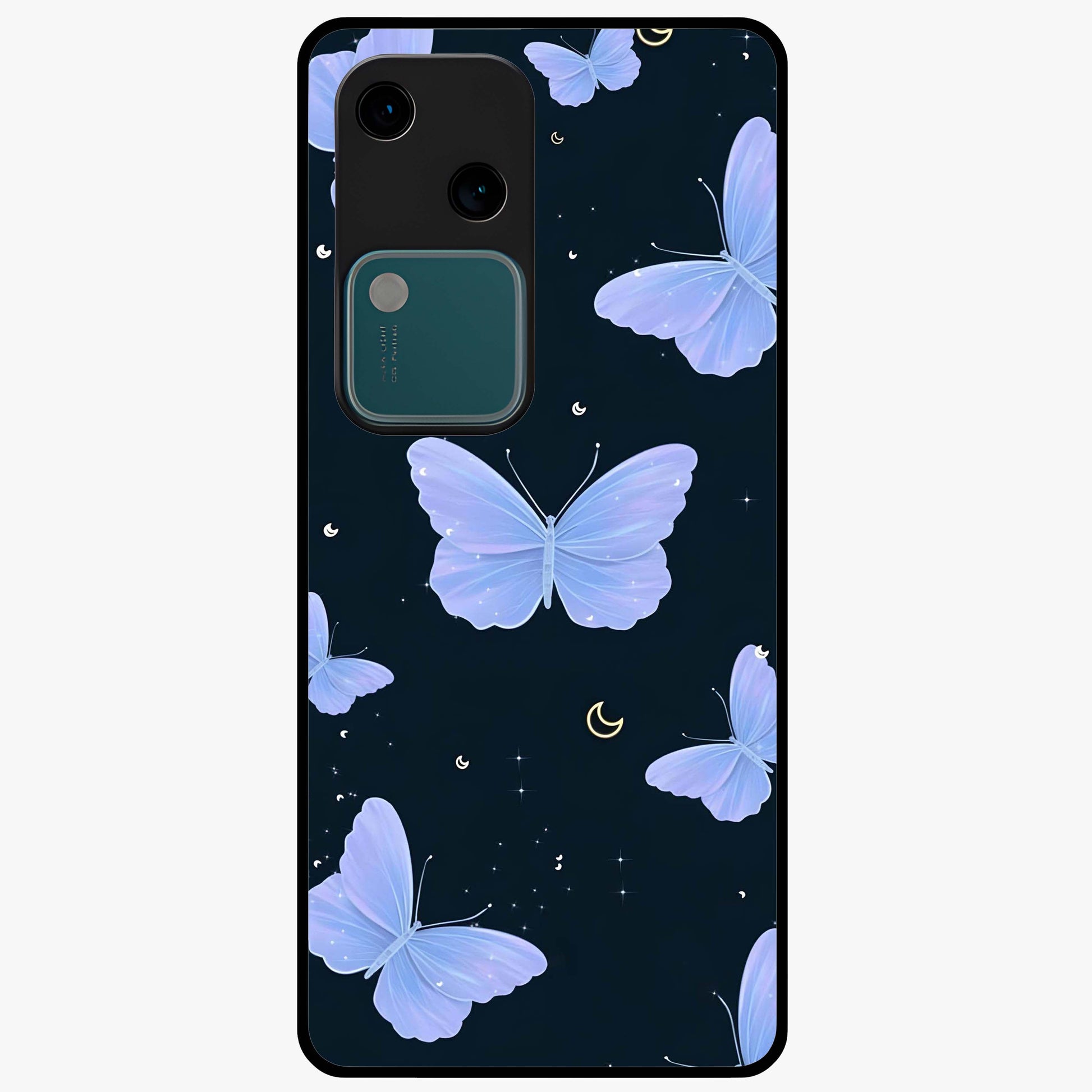 Butterfly With Stars Pattern Glass Case showing flat back view with butterfly and star pattern artwork and glossy glass finish.