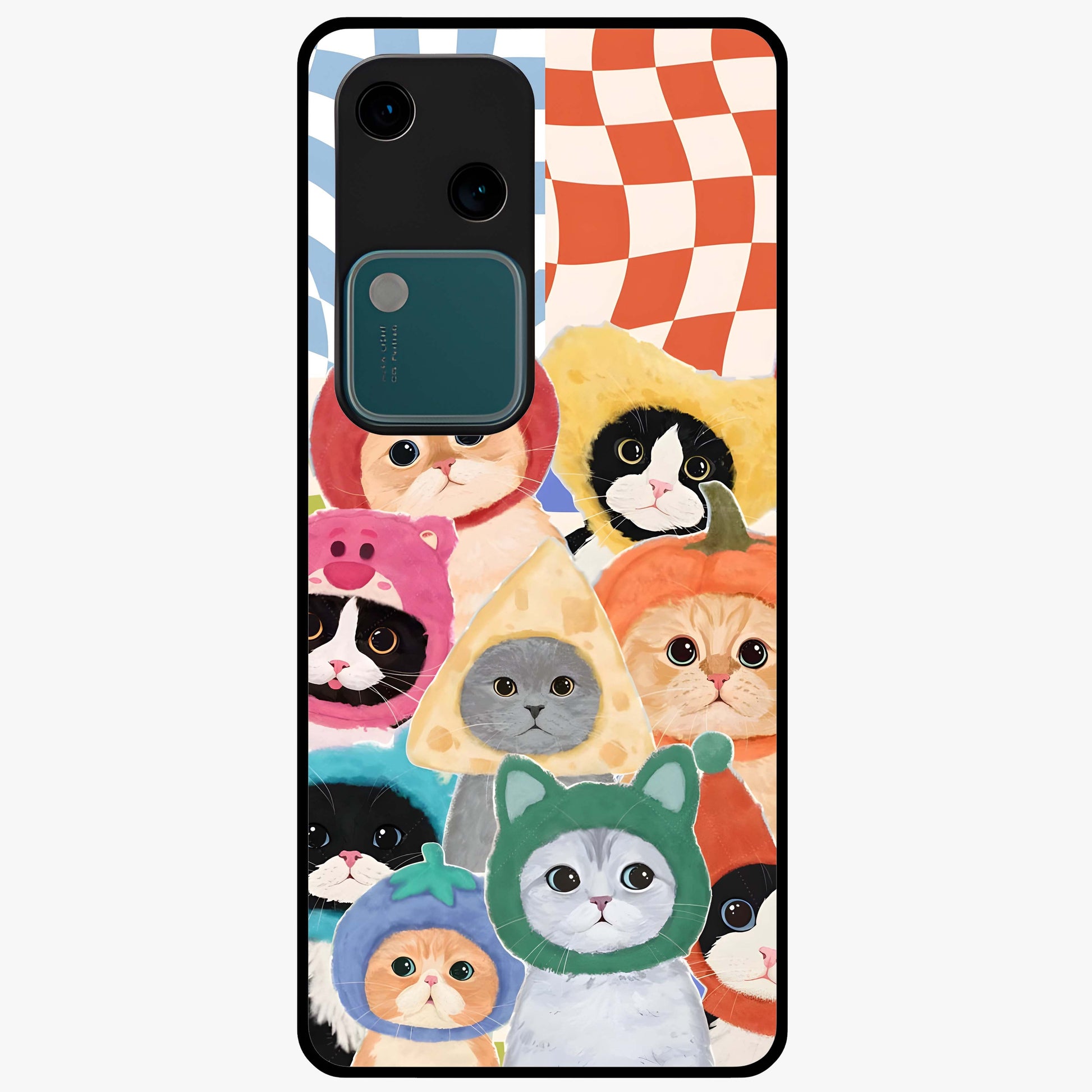 Cats in Fruits Glass Case showing flat back view with playful cat illustrations inside fruit artwork and glossy glass finish.