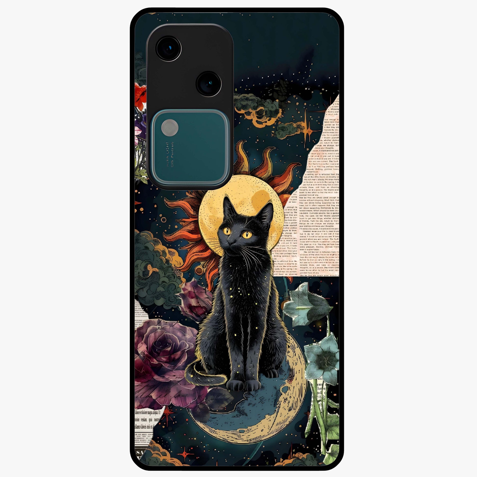 Celestial Black Cat Glass Case showing flat back view with mystical black cat artwork and glossy glass finish.