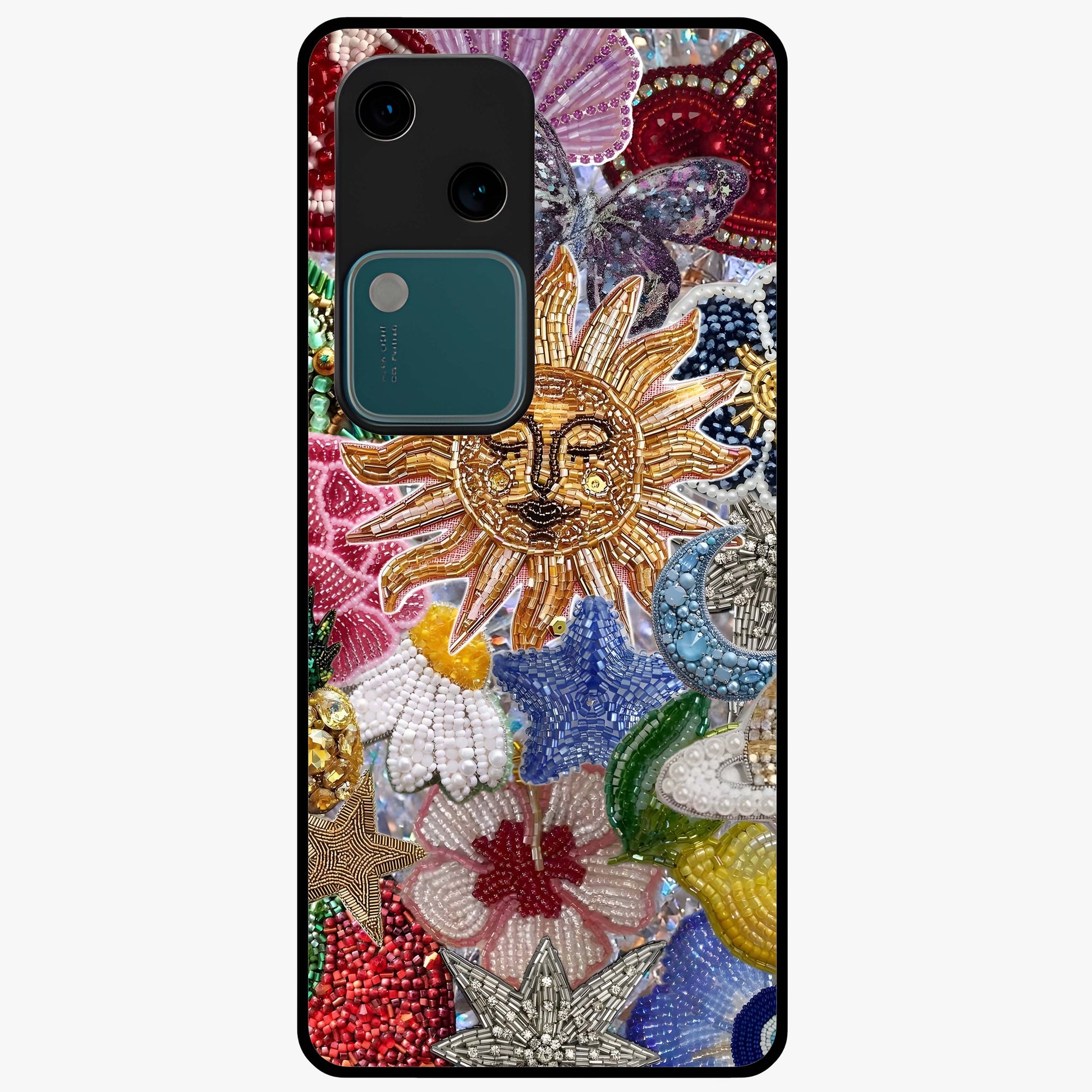 Celestial Floral and Playful Glass Case showing flat back view with floral and celestial themed artwork and glossy glass finish.