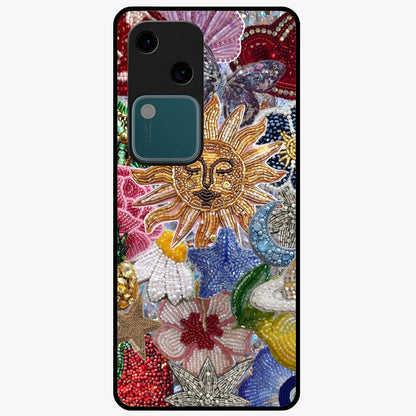 Celestial Floral and Playful Glass Case showing flat back view with floral and celestial themed artwork and glossy glass finish.