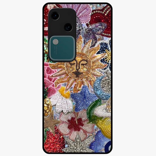Celestial Floral and Playful Glass Case showing flat back view with floral and celestial themed artwork and glossy glass finish.