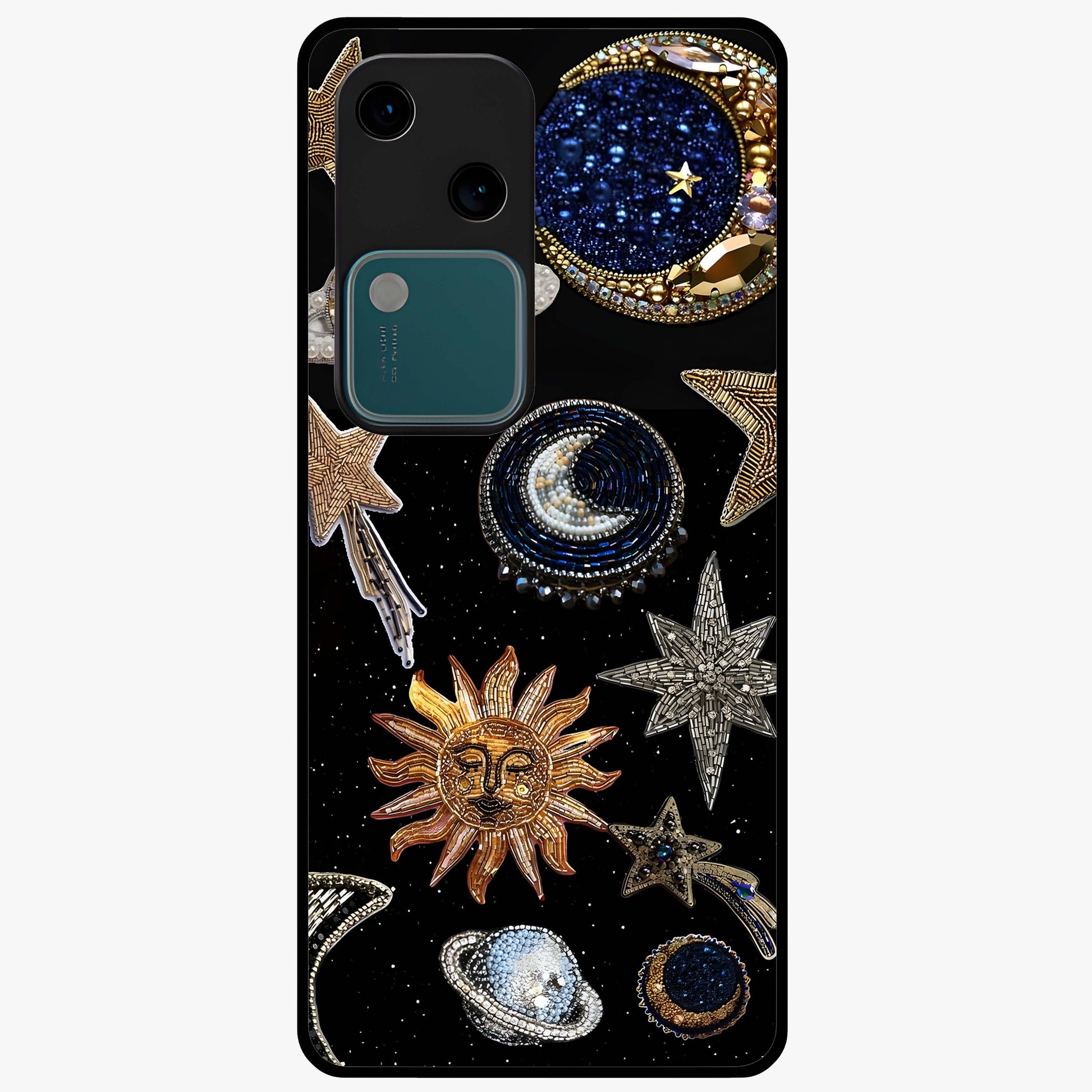 Celestial Gem Constellations Glass Case showing flat back view with sparkling constellation artwork and glossy glass finish.