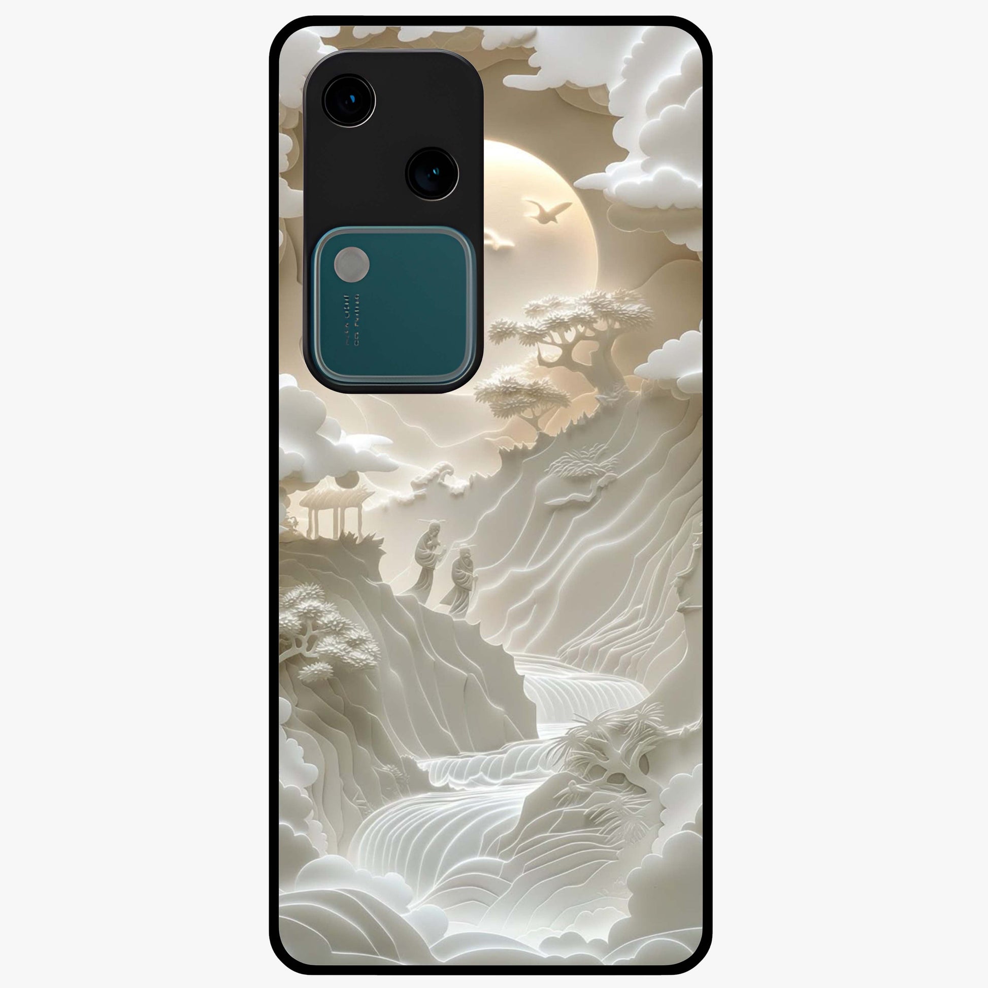 Celestial Origami Glass Case showing flat back view with artistic origami inspired celestial artwork and glossy glass finish.