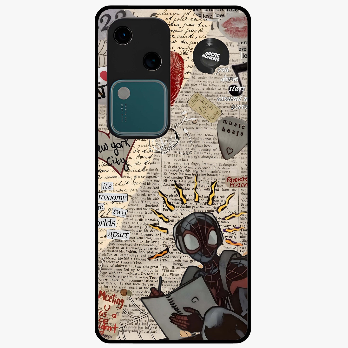 City Dream Sketch Glass Case showing flat back view with artistic city skyline sketch artwork and glossy glass finish.