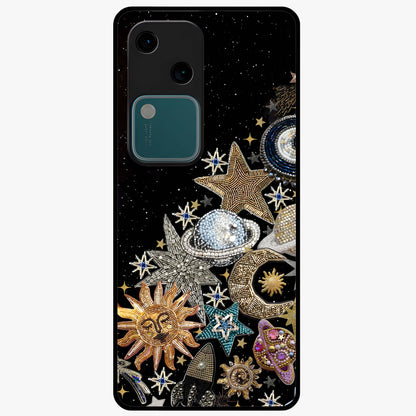 Cosmic Sparkle Dreams Glass Case showing flat back view with sparkling cosmic artwork and glossy glass finish.