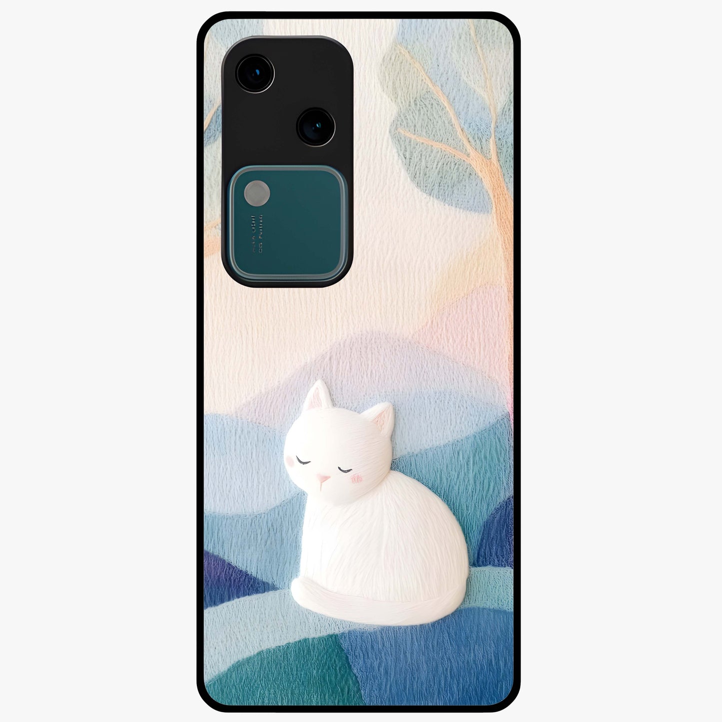 Cotton Dream Cat Glass Case showing flat back view with soft dreamy cat artwork and glossy glass finish.
