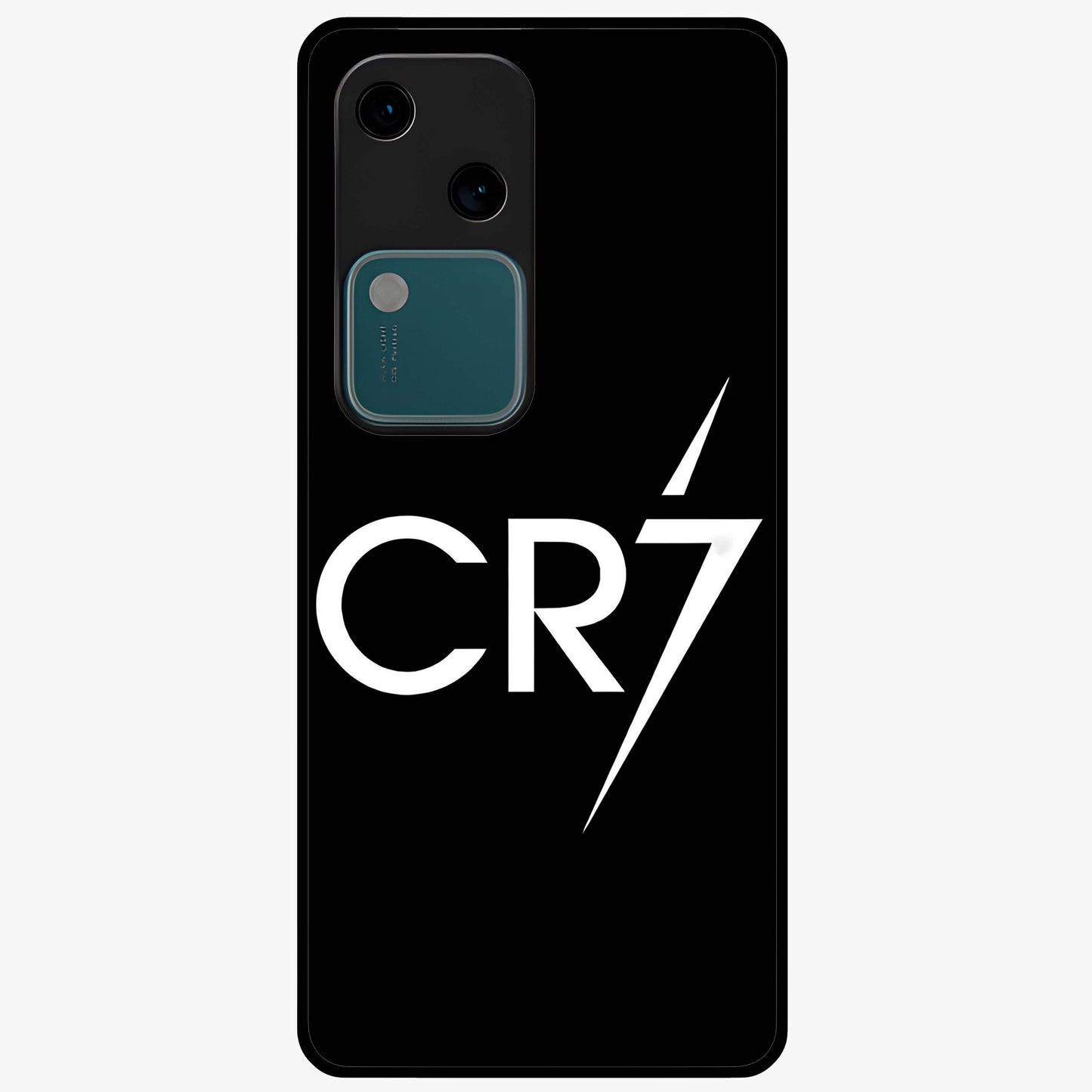 Cr7 Elite Strike Glass Case showing flat back view with dynamic football inspired artwork and glossy glass finish.