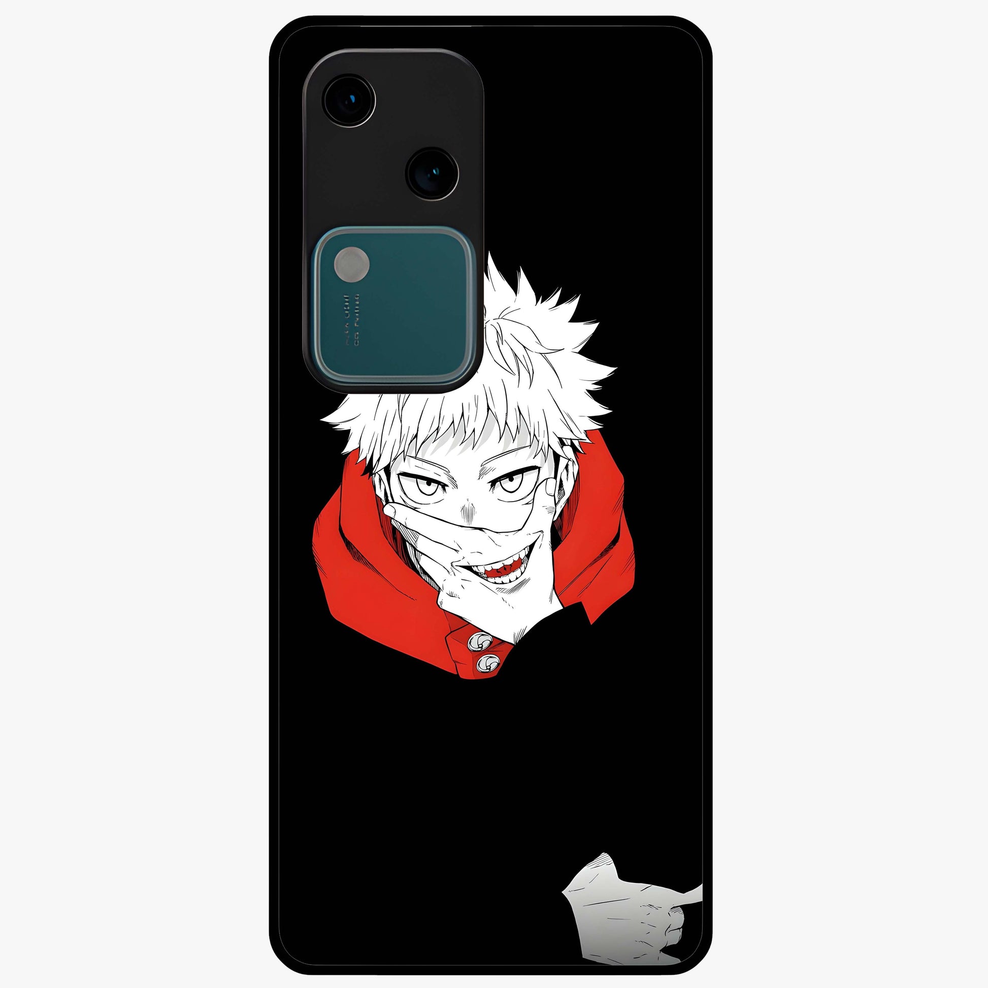Crimson Chaos Smile Glass Case showing flat back view with bold chaotic smile artwork and glossy glass finish.