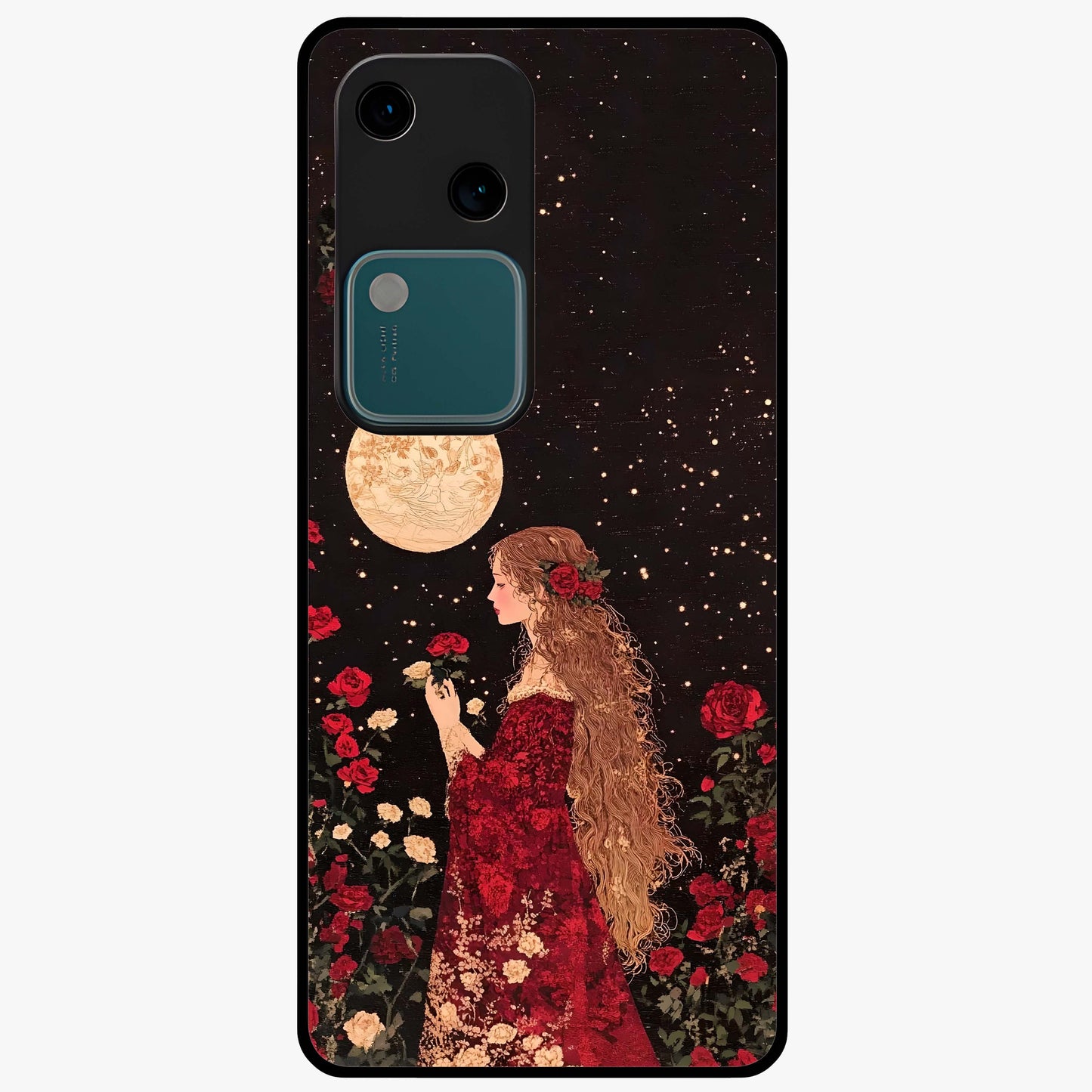 Crimson Dreams Glass Case showing flat back view with dreamy crimson artwork and glossy glass finish.