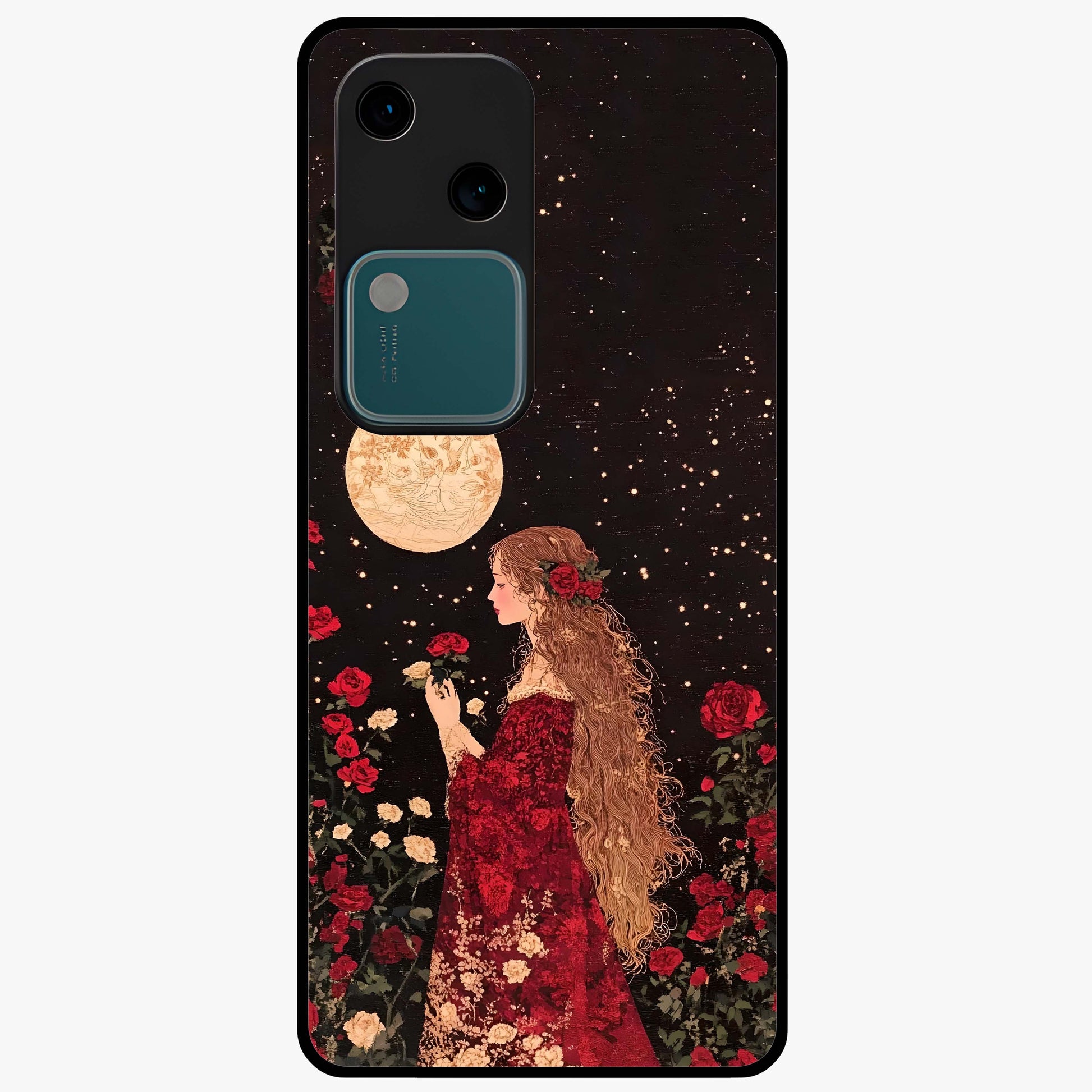 Crimson Dreams Glass Case showing flat back view with dreamy crimson artwork and glossy glass finish.