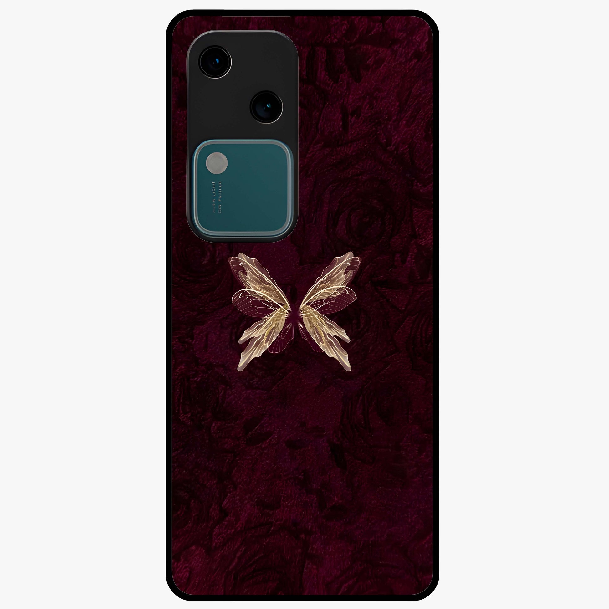 Crimson Fade Butterfly Glass Case showing flat back view with fading butterfly artwork and glossy glass finish.