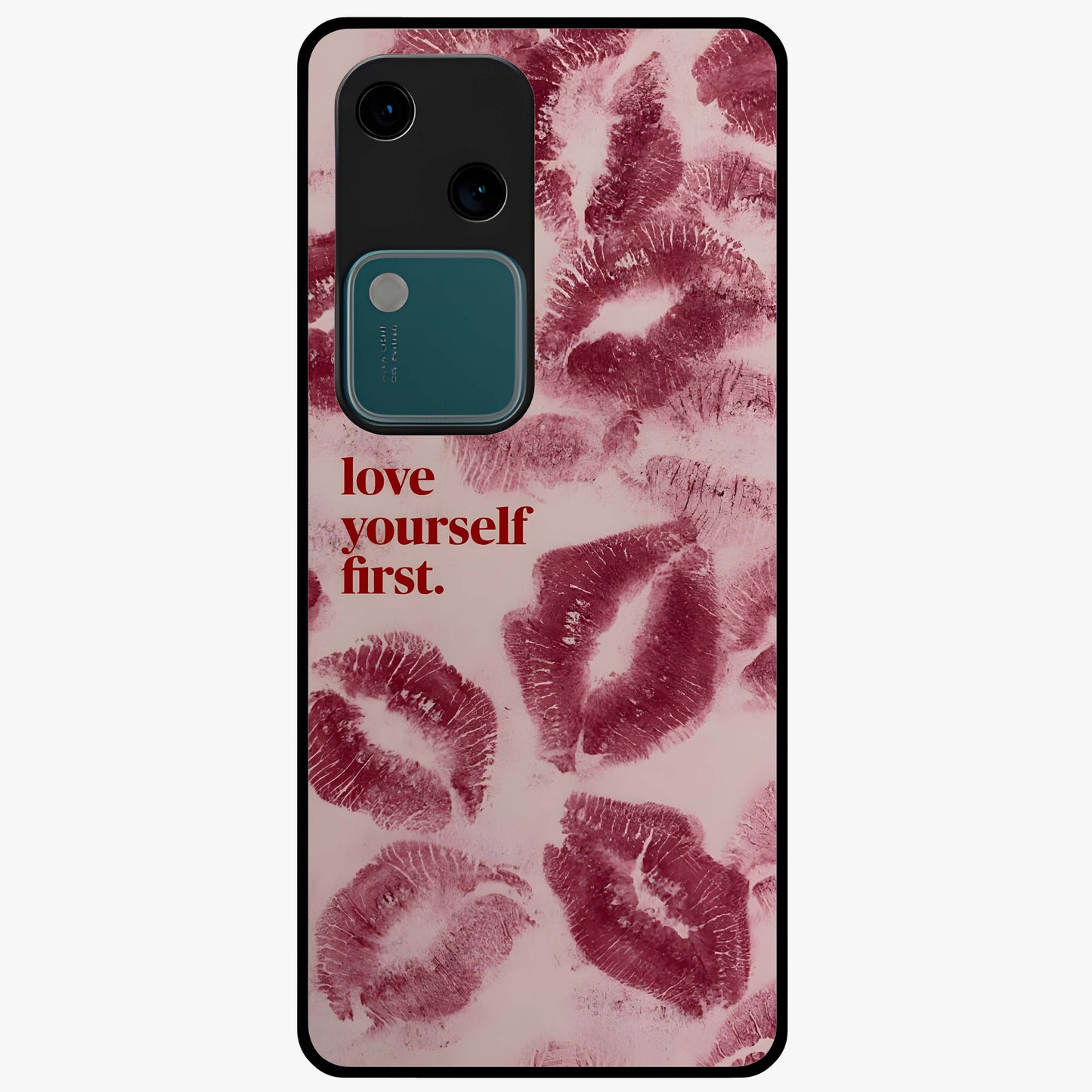 Crimson Kiss Love Glass Case showing flat back view with romantic crimson themed artwork and glossy glass finish.