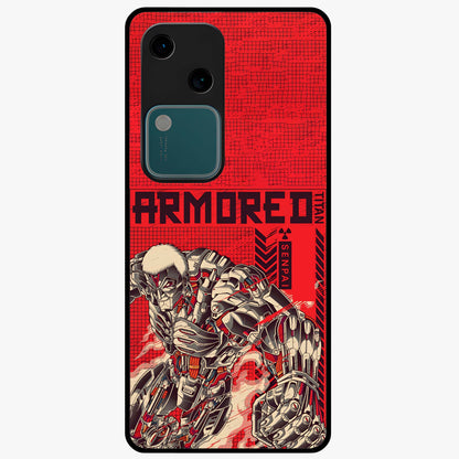 Crimson Mecha Titan Glass Case showing flat back view with powerful mech titan artwork and glossy glass finish.