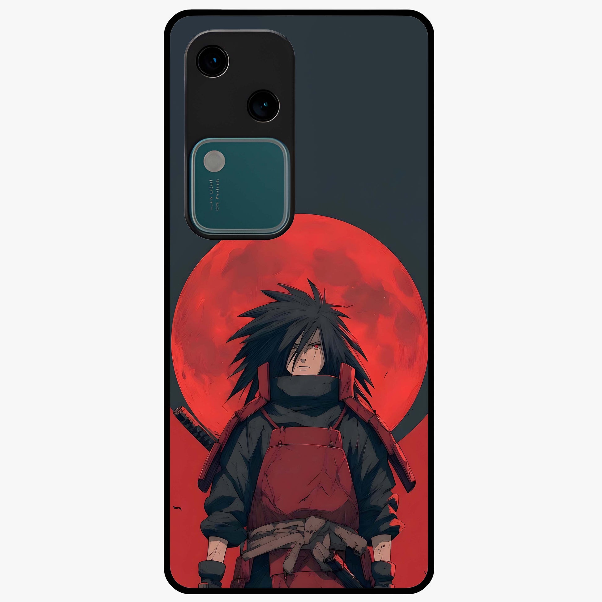 Crimson Moon Warlord Glass Case showing flat back view with mystical moon warrior artwork and glossy glass finish.