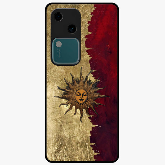 Crimson Sun Majesty Glass Case showing flat back view with radiant sun inspired artwork and glossy glass finish.