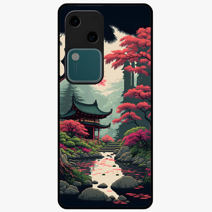 Crimson Temple View Glass Case showing flat back view with temple inspired artwork and glossy glass finish.