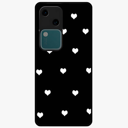Cute And Simple White Hearts Glass Case showing flat back view with minimal white heart pattern and glossy glass finish.