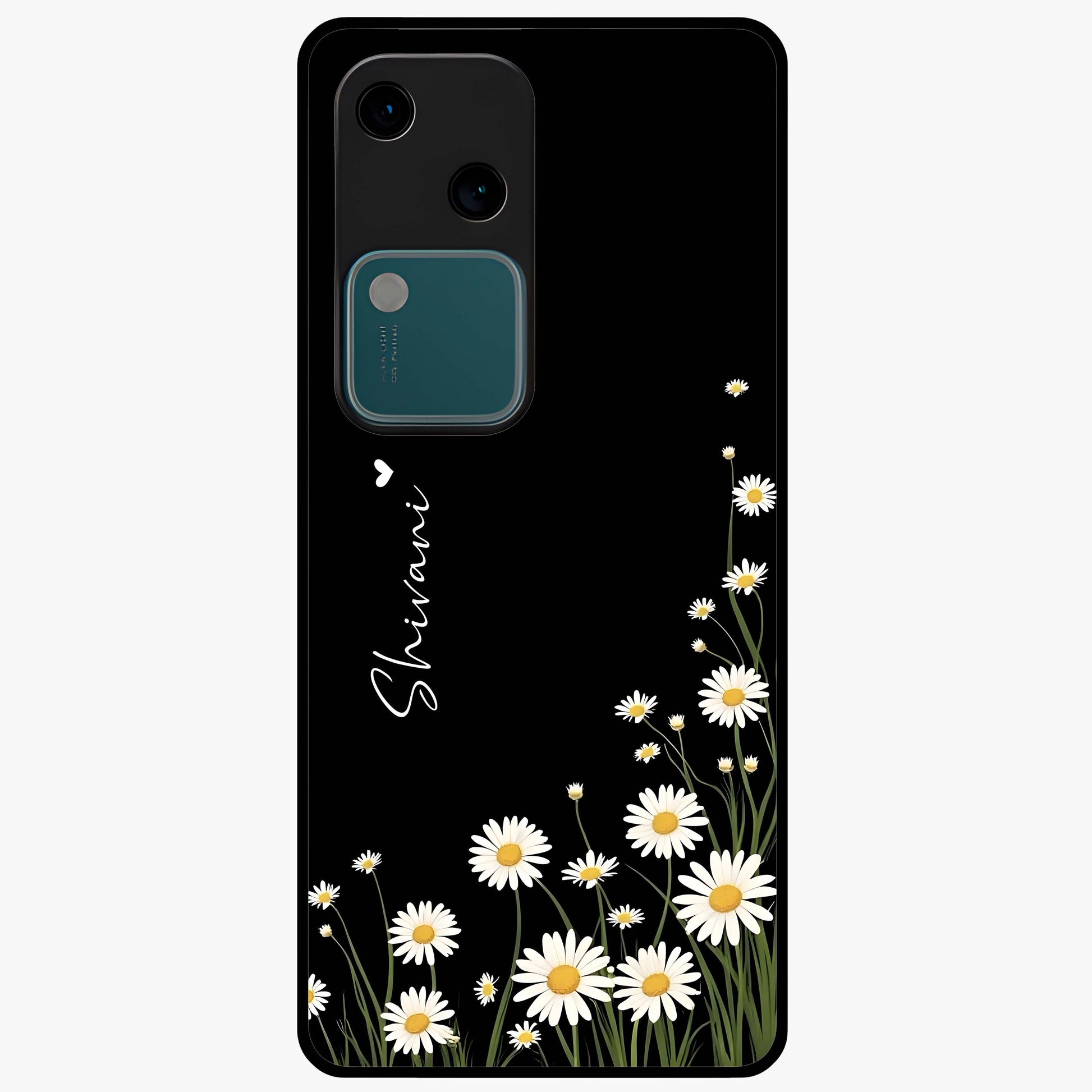 Daisy Cascade Custom Name Glass Case showing flat back view with cascading daisy flowers and personalized name design.