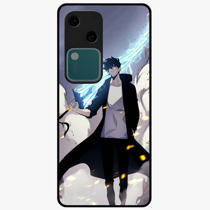 Dark Lightning Anime Warrior Glass Case showing flat back view with intense anime warrior artwork and glossy glass finish.