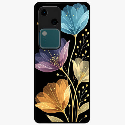 Delicate Multicolor Flowers Glass Case showing flat back view with vibrant floral artwork and glossy glass finish.
