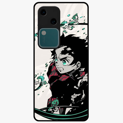 Demon Slayer Glass Case showing flat back view with bold anime inspired artwork and glossy glass finish.