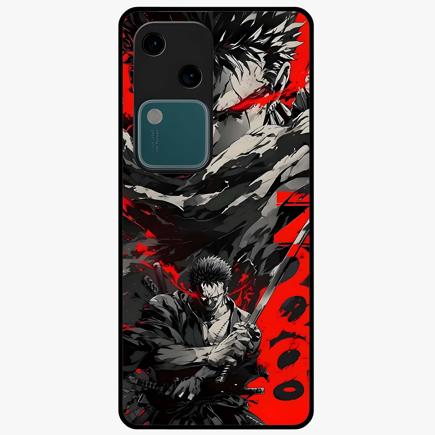 Demon Sword Resolve Glass Case showing flat back view with fierce sword warrior artwork and glossy glass finish.