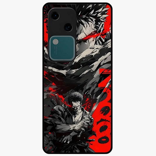 Demon Sword Resolve Glass Case showing flat back view with fierce sword warrior artwork and glossy glass finish.