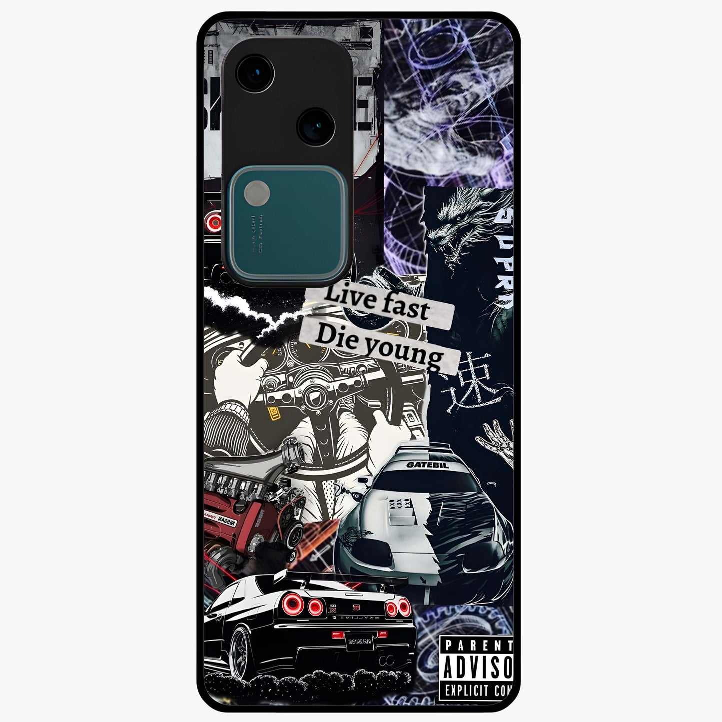 Die Young Glass Case showing flat back view with bold artistic typography design and glossy glass finish.