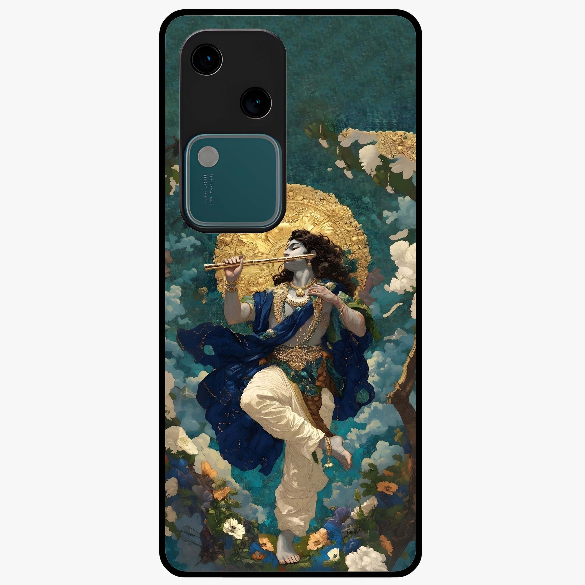 Divine Krishna Art Glass Case showing flat back view with Lord Krishna artwork and glossy glass finish.