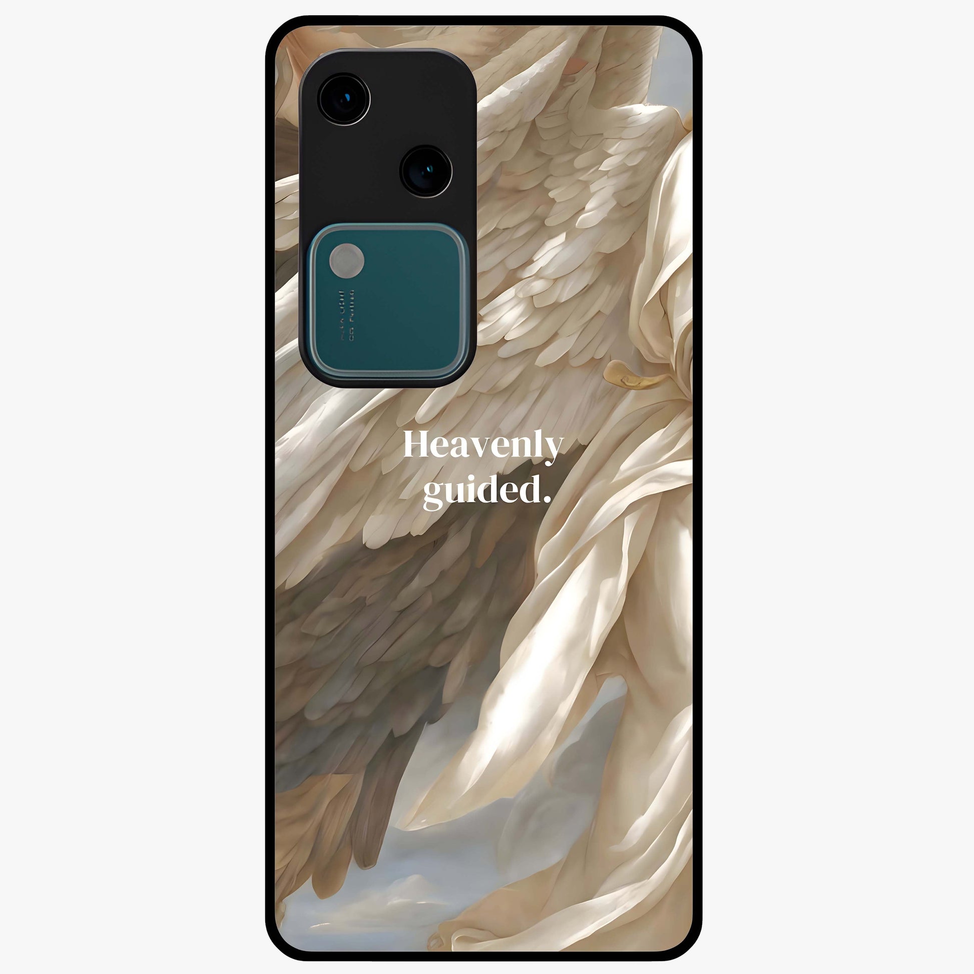 Divine Winged Grace Glass Case showing flat back view with elegant wing inspired artwork and glossy glass finish.