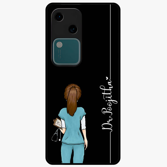 Doctor Pattern Custom Name Glass Case showing flat back view with medical themed pattern and personalized name design.