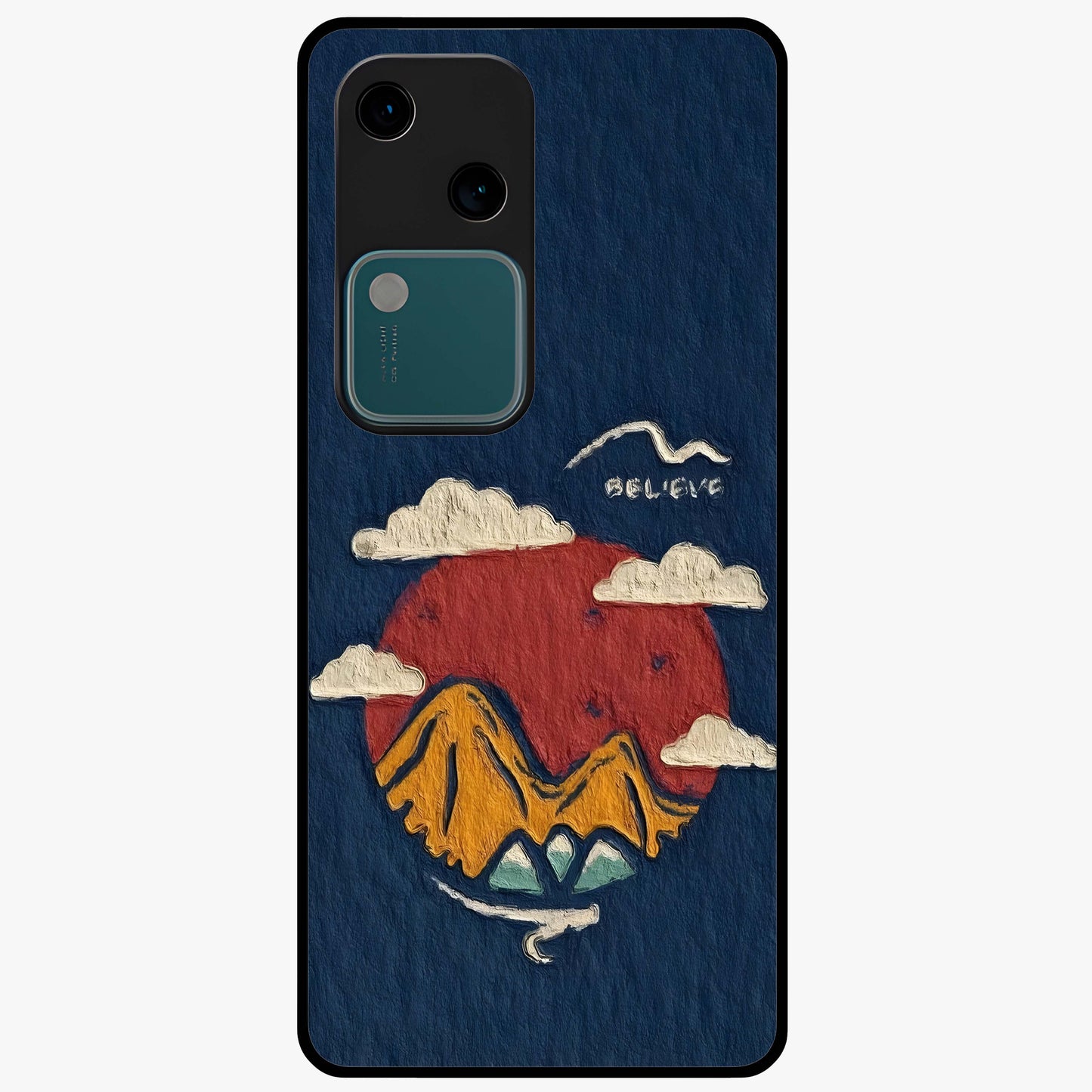 Dream Beyond Mountains Glass Case showing flat back view with scenic mountain landscape artwork and glossy glass finish.